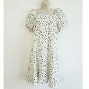 Polka Dot White Ann Taylor LOFT Dress with Puff Sleeves & Tie Back